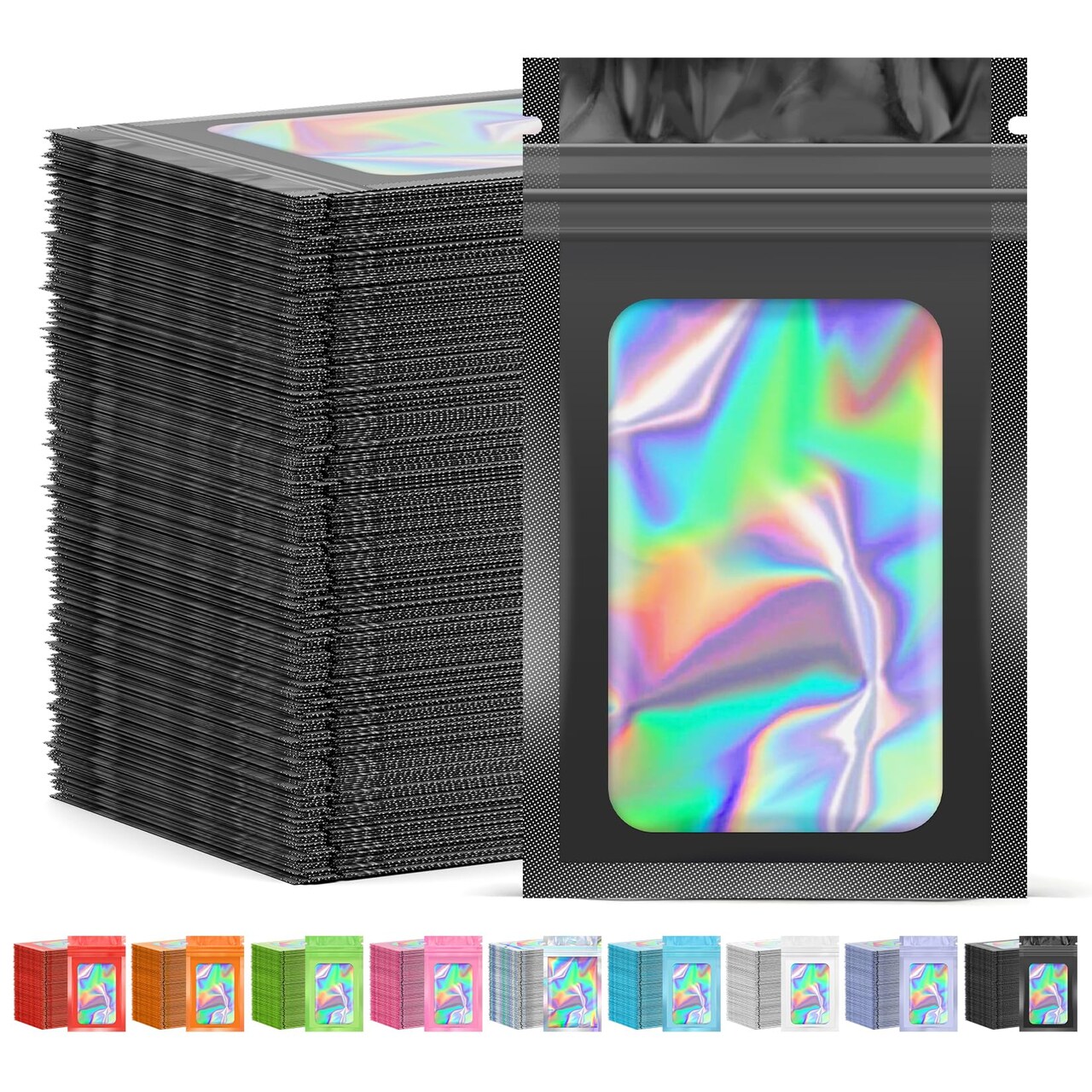 300 Pcs Mylar Bags, Smell Proof Bags Foil Pouch, Holographic Resealable Bags for Small Business, Candy Sample Jewelry Bag Sealable Packaging for Party Favor Food Storage (2.4x3.9in-Black)